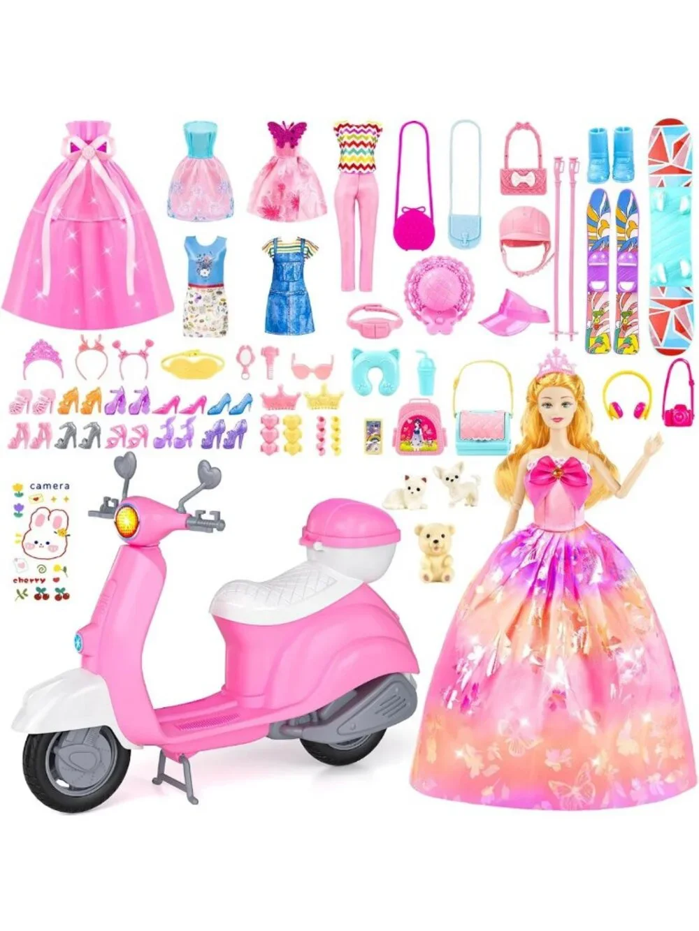 67Pcs Doll Clothes & Accessories Set - Outfits, Shoes, Motorcycle, Skiing & Pet